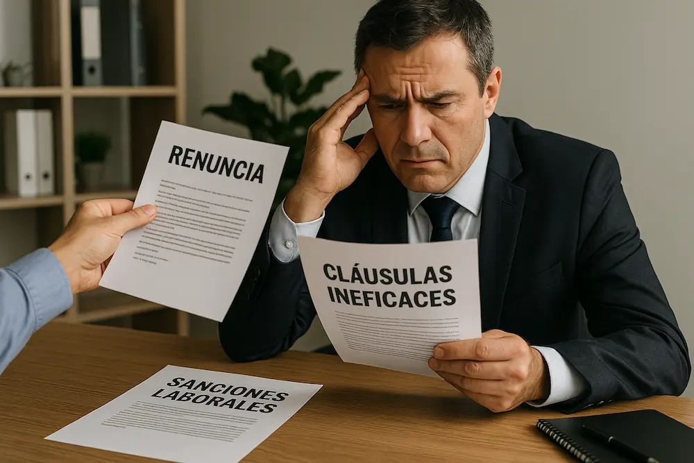 Abogado explicando las implicaciones de la renuncia intempestiva y las cláusulas ineficaces en contratos laborales en Colombia
