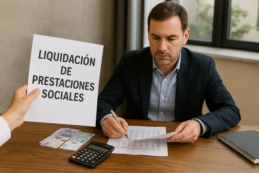 Ilustración de calculadora y documentos relacionados con la liquidación de prestaciones sociales en Colombia.