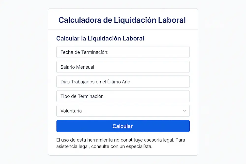 Formulario interactivo de una calculadora de liquidación laboral en línea para Colombia, con campos para salario, fechas y tipo de terminación del contrato.