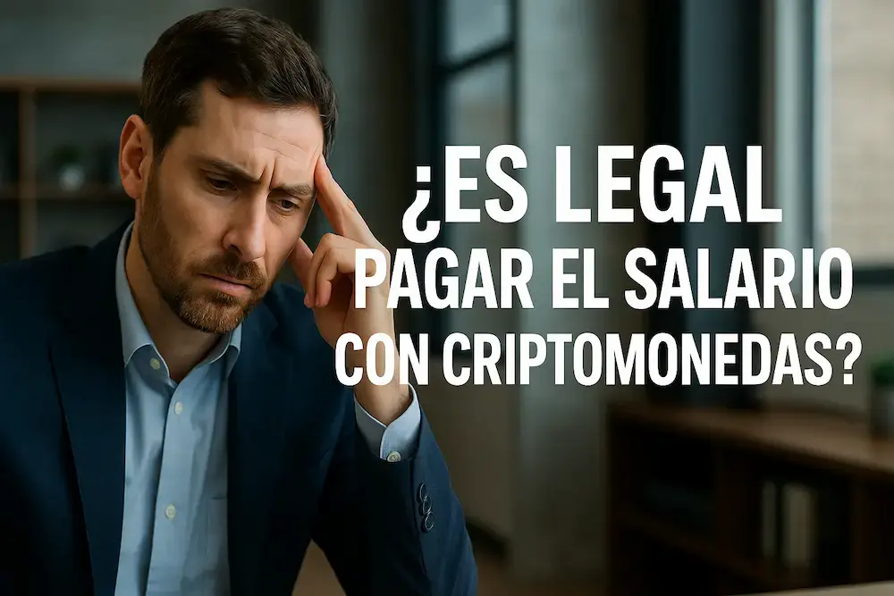 Balanzanza de la justicia, fajos de pesos colombianos, laptop con símbolos de Bitcoin y Ethereum, y un contrato laboral, representando la legalidad del pago de salario en Colombia