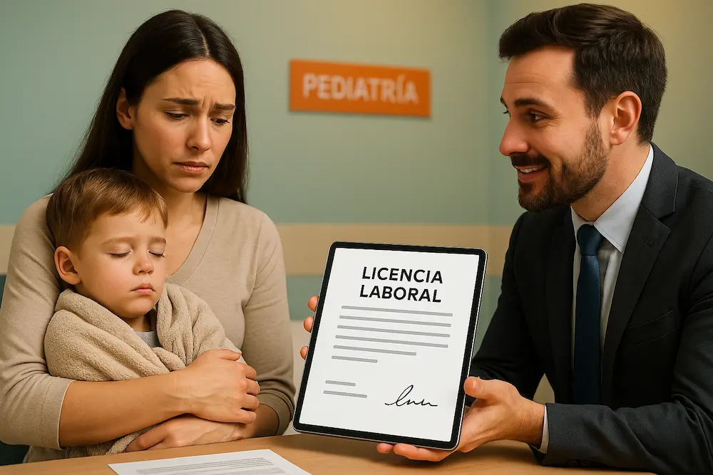 Madre con su hijo enfermo en brazos, consultando con un asesor laboral que muestra un documento digital titulado “Licencia Laboral” en una tableta, dentro de un consultorio pediátrico en Cúcuta, Norte de Santander.