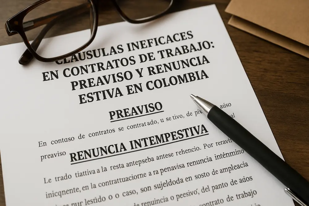 Documento legal titulado “Cláusulas Ineficaces en Contratos de Trabajo: Preaviso y Renuncia Intempestiva en Colombia” sobre una mesa de madera, con bolígrafo y gafas, enfocado en derecho laboral en Cúcuta, Ocaña, Pamplona, Villa del Rosario, Los Patios y otras ciudades de Norte de Santander.