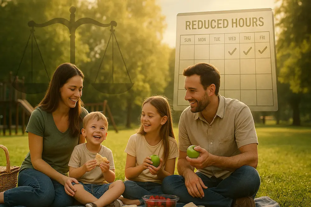 Familia colombiana disfrutando de un picnic en un parque al atardecer, con un calendario marcado y una balanza de la justicia semitransparente en el cielo, simbolizando la reducción de jornada laboral y el “día de la familia” en el marco de la Ley 2101 de 2021.