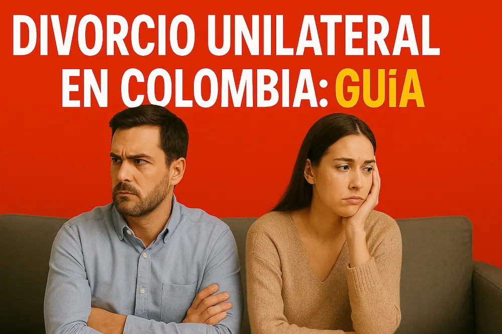 Pareja sentada en un sofá con expresiones de enojo y tristeza, bajo el título “Divorcio Unilateral en Colombia: Guía”, sobre fondo rojo intenso.