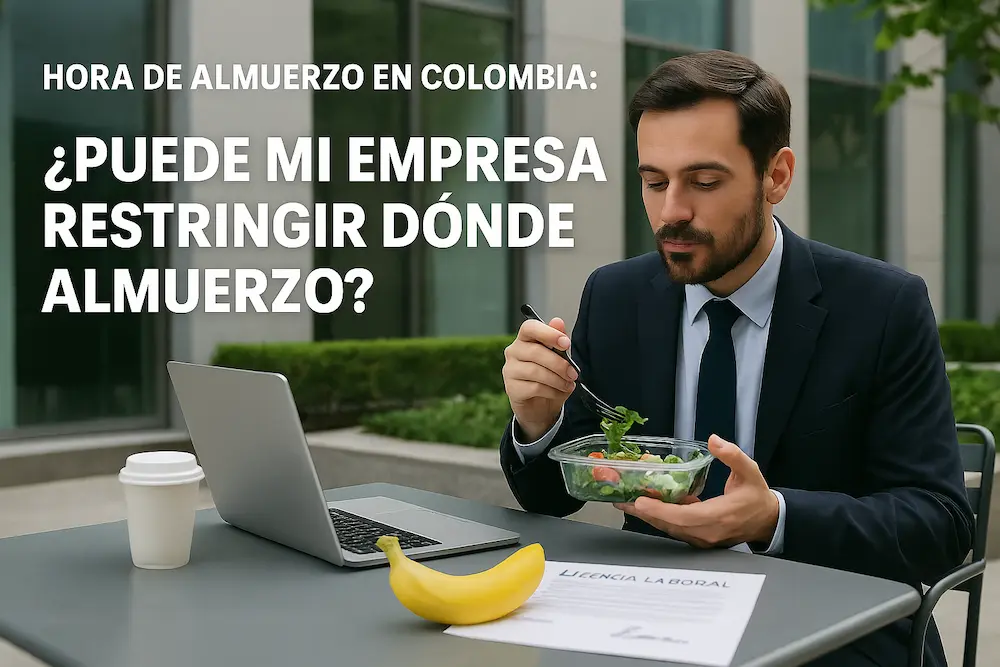 Hombre con traje formal almorzando ensalada en una mesa al aire libre junto a una laptop, con el texto “Hora de almuerzo en Colombia: ¿Puede mi empresa restringir dónde almuerzo?”, en un contexto laboral en Cúcuta y municipios de Norte de Santander como Los Patios, Villa del Rosario, Pamplona y Ocaña.