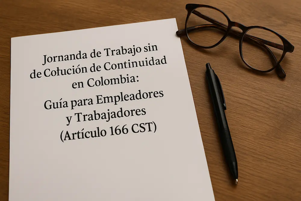 Documento legal titulado “Jornada de Trabajo sin Solución de Continuidad en Colombia: Guía para Empleadores y Trabajadores (Artículo 166 CST)” sobre una mesa de madera, acompañado de un bolígrafo y unas gafas, enfocado en normativas laborales en Cúcuta, Norte de Santander y principales ciudades de Colombia.