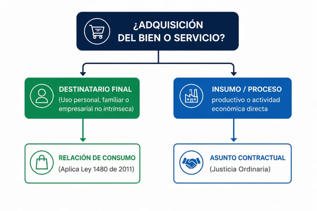 Diagrama que muestra cuándo la adquisición de un bien o servicio constituye una relación de consumo bajo la Ley 1480 de 2011 y cuándo corresponde a un asunto contractual en Colombia
