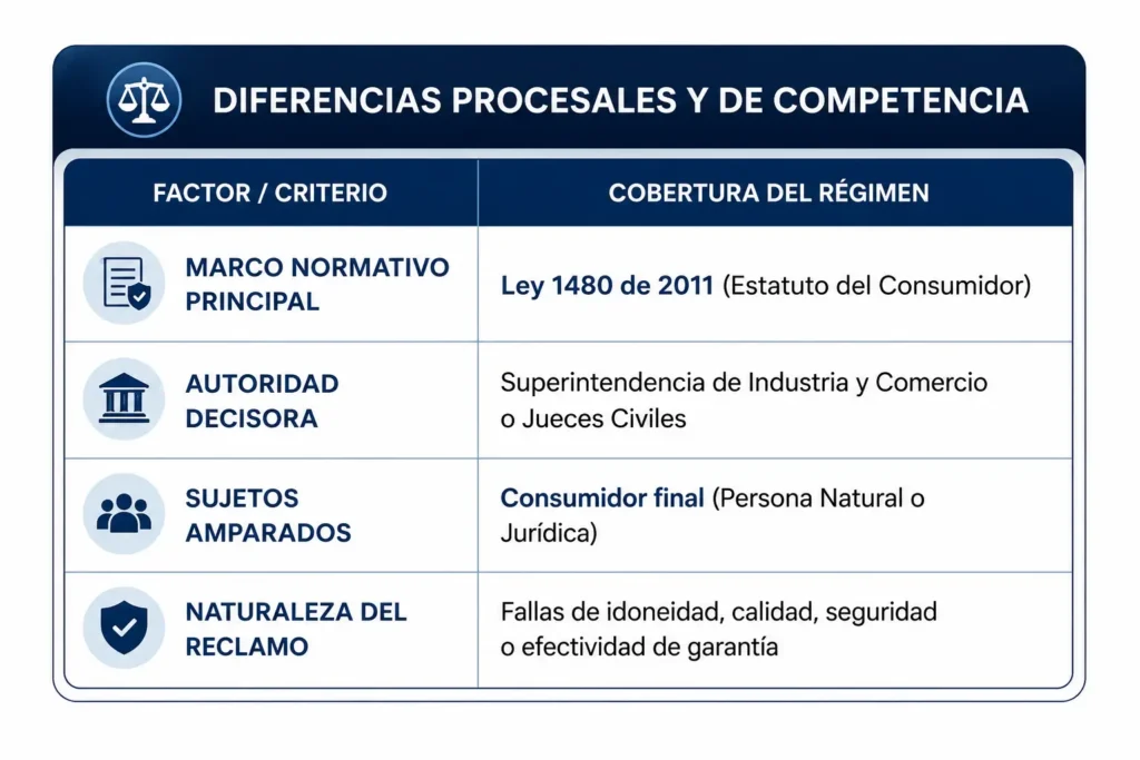 Tabla comparativa sobre las diferencias procesales y de competencia del Estatuto del Consumidor en Colombia, incluyendo Ley 1480 de 2011, autoridades competentes, sujetos protegidos y reclamaciones por garantía.