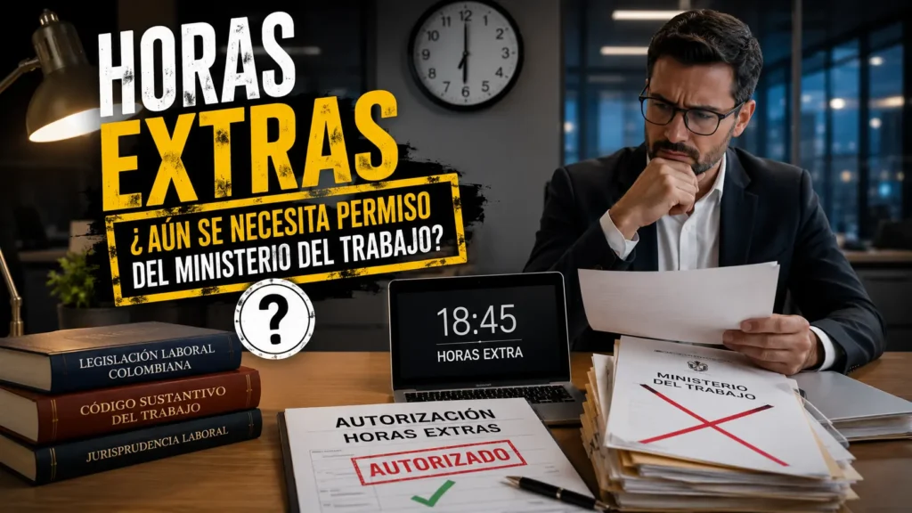 Trabajador revisando documentos sobre horas extras junto a un reloj y expedientes laborales, representando la duda sobre si aún se requiere autorización del Ministerio del Trabajo en Colombia.