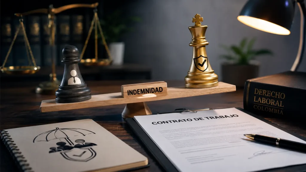 Representación conceptual de una cláusula de indemnidad en un contrato de trabajo mediante una balanza con piezas de ajedrez que simbolizan el equilibrio entre empleador y trabajador en Colombia.