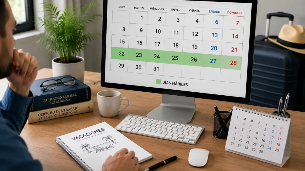 Calendario de vacaciones con énfasis en los días hábiles y el sábado, representando el cálculo de las vacaciones cuando el trabajador no labora los sábados en Colombia.