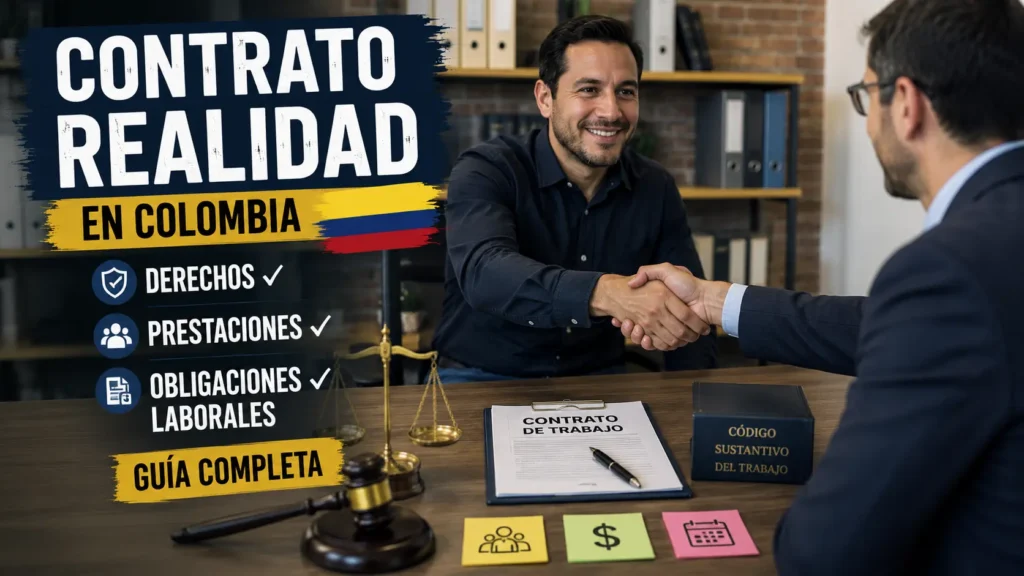 Representación de un contrato realidad en Colombia mediante un acuerdo laboral, un contrato de trabajo y elementos jurídicos que simbolizan los derechos, prestaciones y obligaciones laborales.