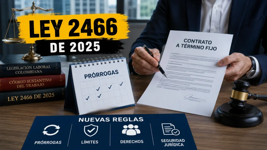 Contrato a término fijo con referencias a la Ley 2466 de 2025 y un calendario de prórrogas, representando las nuevas reglas y límites aplicables en Colombia.