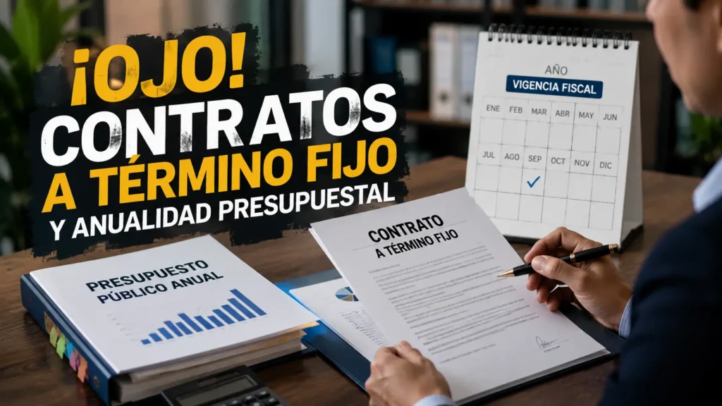 Contrato a término fijo junto a documentos de presupuesto público y un calendario de vigencia fiscal, representando la relación entre la anualidad presupuestal y la contratación laboral en Colombia.