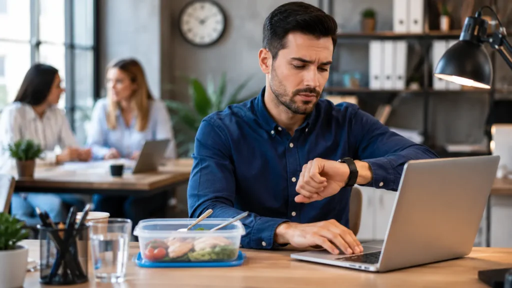 Trabajador revisando la hora junto a su almuerzo durante la jornada laboral, ilustrando el debate sobre si el tiempo de almuerzo y refrigerio puede descontarse de la jornada de trabajo en Colombia.
