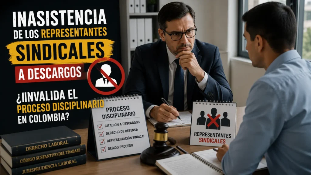 Audiencia de descargos en un proceso disciplinario laboral con ausencia de representantes sindicales, ilustrando el debate sobre la validez del procedimiento en Colombia.