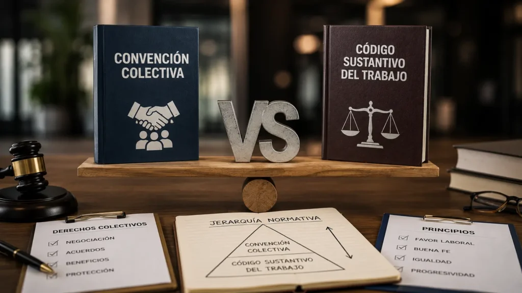 Representación de la jerarquía del derecho laboral colectivo mediante una comparación entre una convención colectiva y el Código Sustantivo del Trabajo en Colombia.
