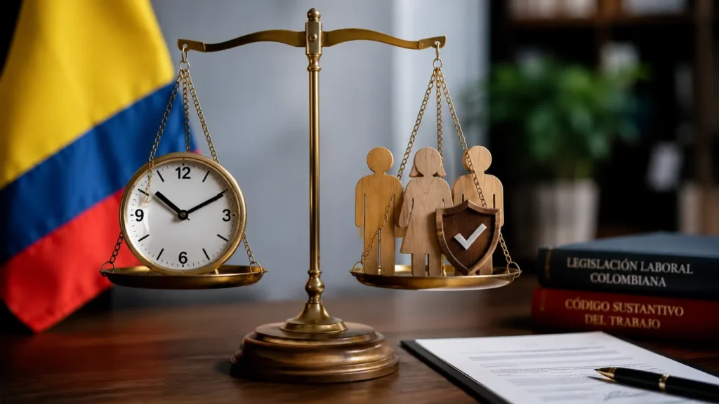 Representación conceptual de una jornada laboral de 6 horas mediante una balanza con un reloj y figuras humanas que simbolizan el equilibrio entre el tiempo de trabajo y los derechos laborales en Colombia.