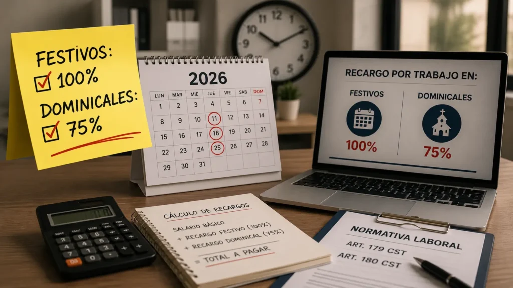 Calendario laboral 2026, calculadora y documentos de nómina utilizados para calcular el pago de festivos y el recargo dominical en Colombia.