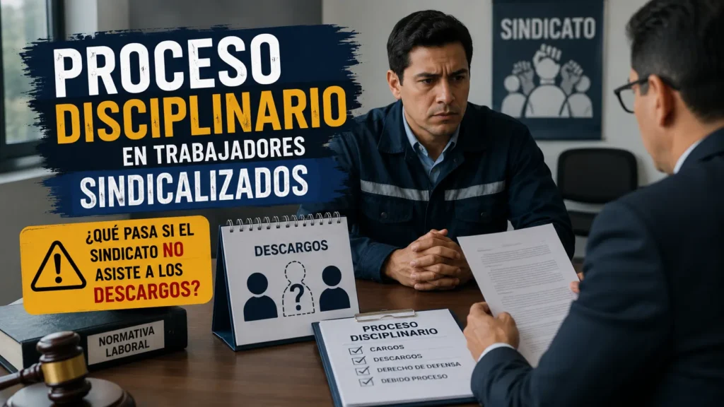 Audiencia de descargos en un proceso disciplinario con un trabajador sindicalizado y referencias a la ausencia del sindicato durante el procedimiento en Colombia.