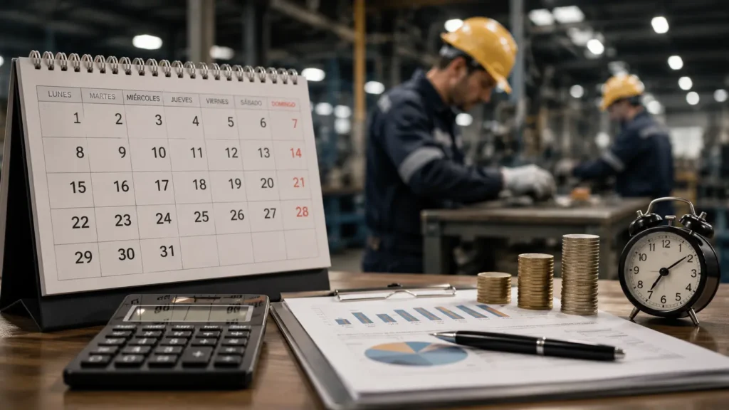 Calendario laboral, reloj y documentos de nómina junto a trabajadores en una planta industrial, representando el recargo dominical y el pago de los descansos obligatorios en Colombia tras la Reforma Laboral 2026.