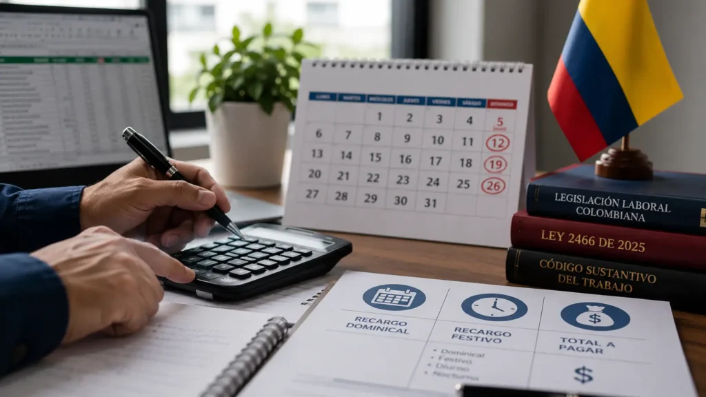 Calculadora, calendario laboral y documentos de nómina utilizados para liquidar recargos dominicales y festivos en Colombia conforme a la Ley 2466.