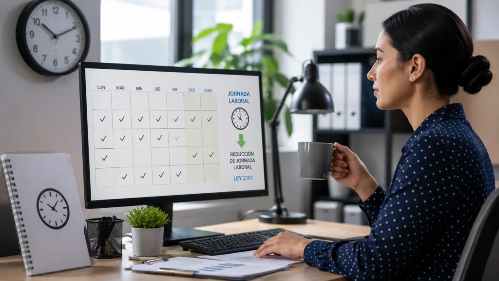 Trabajadora analizando un calendario de jornada laboral y horarios de trabajo, representando la aplicación de la reducción de la jornada laboral en jornadas incompletas según la Ley 2101 en Colombia.
