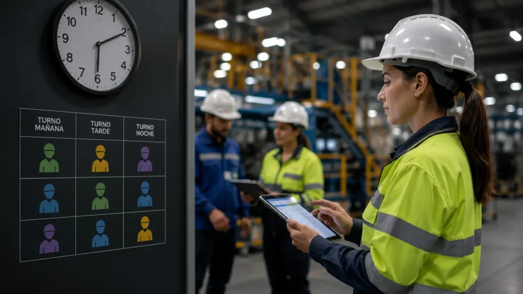 Trabajadora supervisando un cronograma de turnos rotativos en una planta industrial, representando la reducción de la jornada laboral en Colombia según los lineamientos del Ministerio del Trabajo.