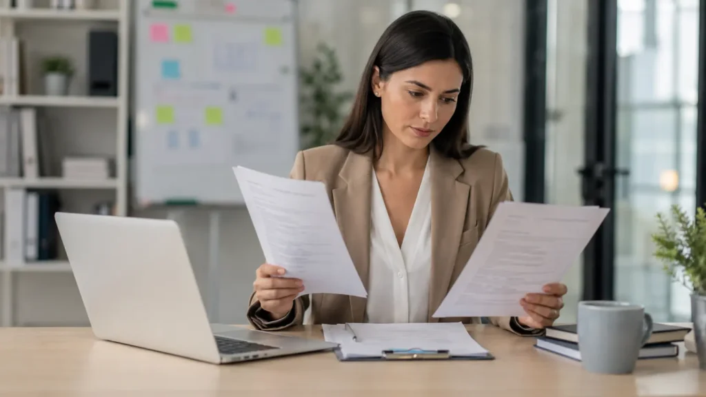 Trabajador revisando dos contratos laborales al mismo tiempo en una oficina, representando la posibilidad de tener dos contratos de trabajo simultáneamente según la legislación laboral colombiana.