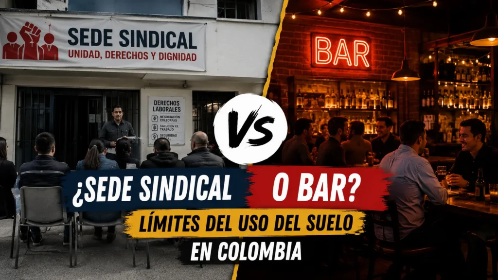 Edificación utilizada como sede sindical ubicada junto a un establecimiento de entretenimiento, representando el análisis sobre los límites del uso del suelo en Colombia.