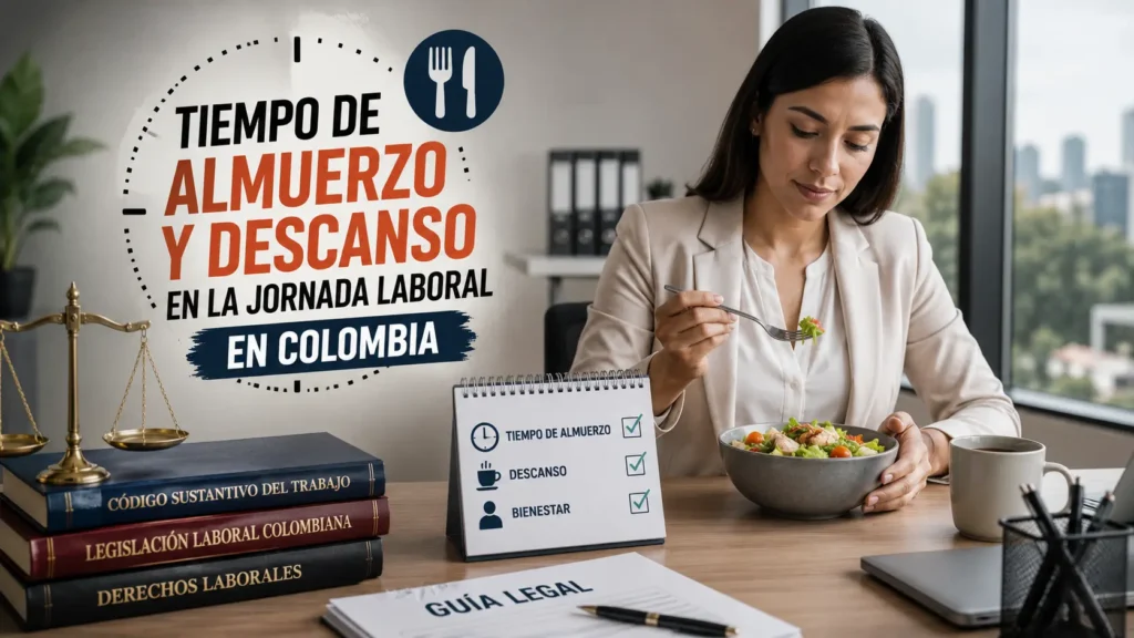 Trabajadora disfrutando su pausa para almuerzo en la oficina junto a elementos legales que representan el tiempo de almuerzo y descanso durante la jornada laboral en Colombia.
