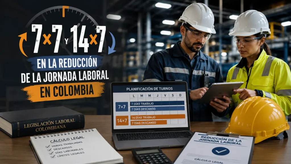 Trabajadores en una planta industrial revisando la planificación de turnos 7×7 y 14×7 durante la reducción de la jornada laboral en Colombia.